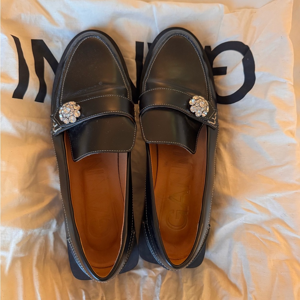 GANNI Black Loafers with Crystal Embellishment Size 39